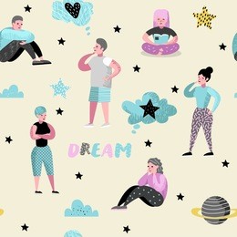 happy people dreaming about something seamless pattern. young man thinking. woman dream about future. joyful cartoon characters. vector illustration
