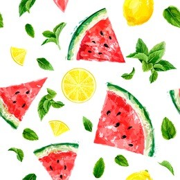 seamless pattern with slices of watermelon, lemon and meant leaves on white background. summer concept. vector watercolor. top view