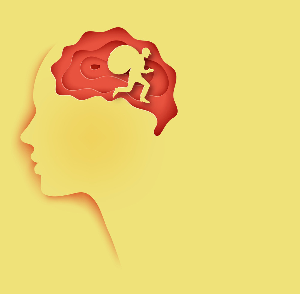 layered paper cut out colored paper human profile with brain and man stealing ideas. concept of stealing idea, intellectual property, copyright. origami paper art style