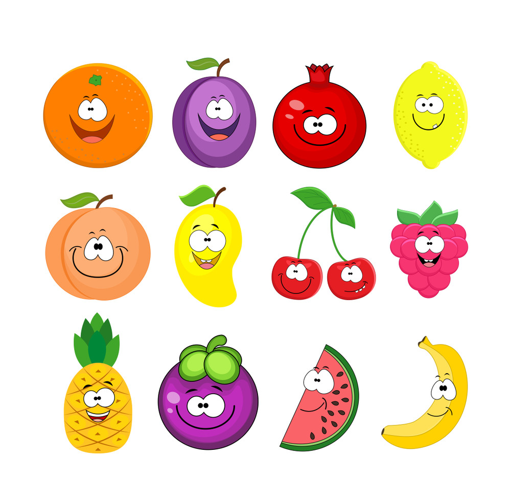 cartoon set of different fruits.