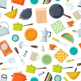 vector kitchen utensils flat icons background or pattern illustration. cooking kitchenware, spatula and cup, utensil and equipment
