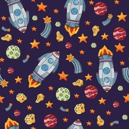 seamless space pattern. spaceship in open cosmos,  planets, stars and asteroids. high quality watercolor illustration on dark background. perfect for wrapping paper, textile.