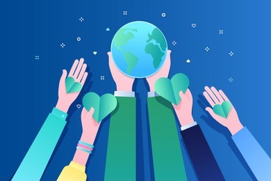 concept of ecology. human hands holding earth and hearts. world environment day. flat design, vector illustration.