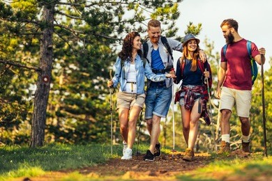 shot of a group of friends trekking in the mountains