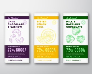 the original finest chocolate abstract vector packaging design label. modern typography and hand drawn cashew and hazelnut nuts with bitter lemon sketch silhouette background layout. isolated.