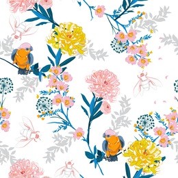 beautiful and softy japanese blooming flowers, branches, leaves and birds. vector seamless pattern. illustration for fabrics,and all prints on white color background