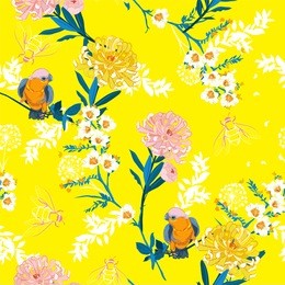 fresh and bright  blooming flowers, branches, leaves and birds. vector seamless pattern. illustration for fabrics,and all prints on yellow background on japanese style.