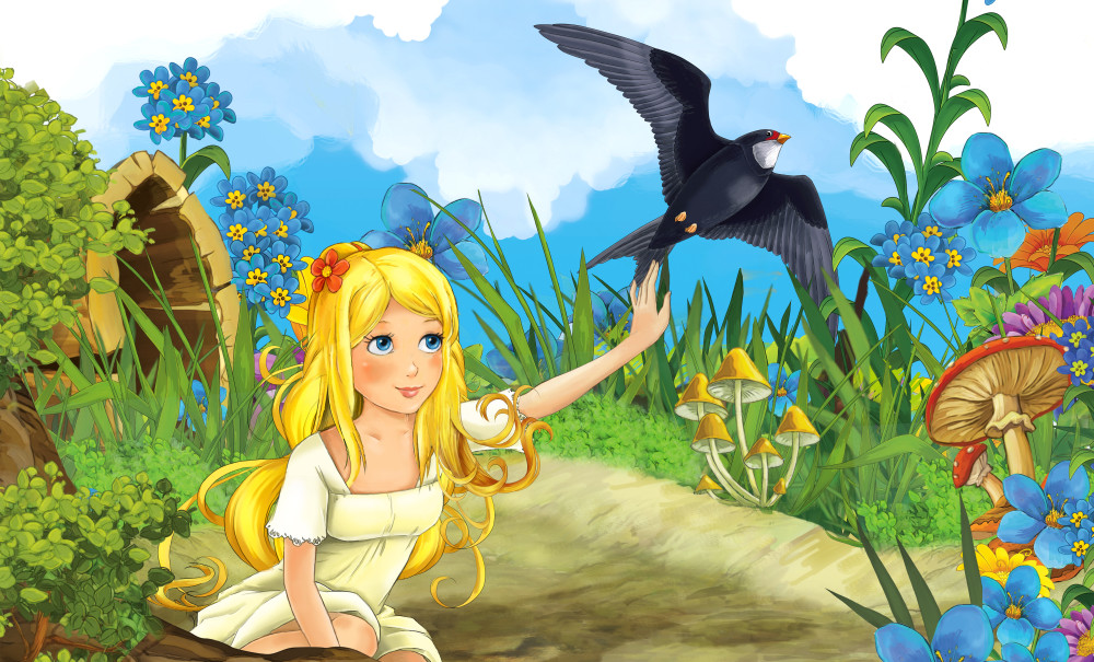 with young beautiful girl and flying cuckoo bird on the meadow