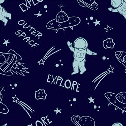 space seamless pattern on a blue background. ideal for kids wear, wrapping paper, textile, prints, etc.