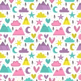 hand drawn seamless pattern with trees, stars, hearts, clouds and mountains. cute forest. creative scandinavian woodland background. stylish sketch for kids. vector illustration
