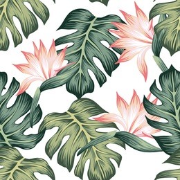 tropical vintage strelitzia floral monstera leaves seamless pattern white background. exotic wallpaper