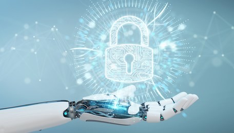 white cyborg hand on blurred background protecting his datas with digital security hologram 3d rendering