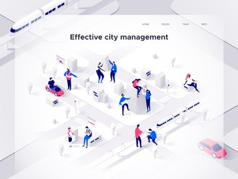 people work in a team and build a smart city. landing page concept. 3d isometric vector illustration