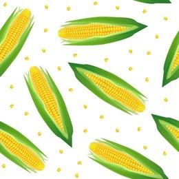 realistic detailed 3d ripe corncobs with yellow corns natural vegetarian food seamless pattern background on a white. vector illustration of maize