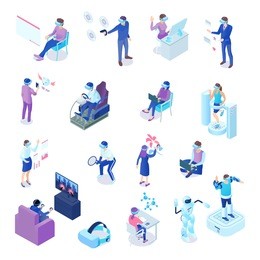 human characters with virtual reality technology during business process, chat, sport activity, games, learning isolated vector illustration