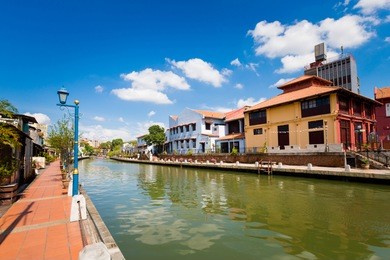 beautiful colonial architecture and river in malacca city in malaysia. beautiful artwork in south east asia.