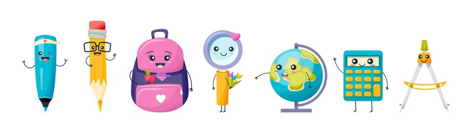 set of various cute school and work tools and stationery. funny, funny set: marker, pencil with eraser, backpack, magnifier, globe earth, calculator, compasses. vector illustration