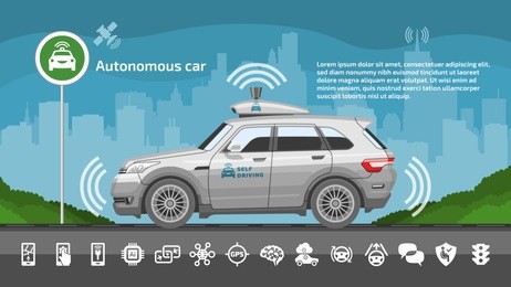 autonomous driverless car vector illustration. self drive smart sensor safety automated vehicle with icons and city background.
