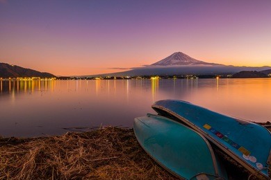aerial skyline landscape of fuji mountain. iconic and symbolic mountain of japan. scenic sunset landscape of fujisan at evening time, kawaguchiko, yamanashi, japan.