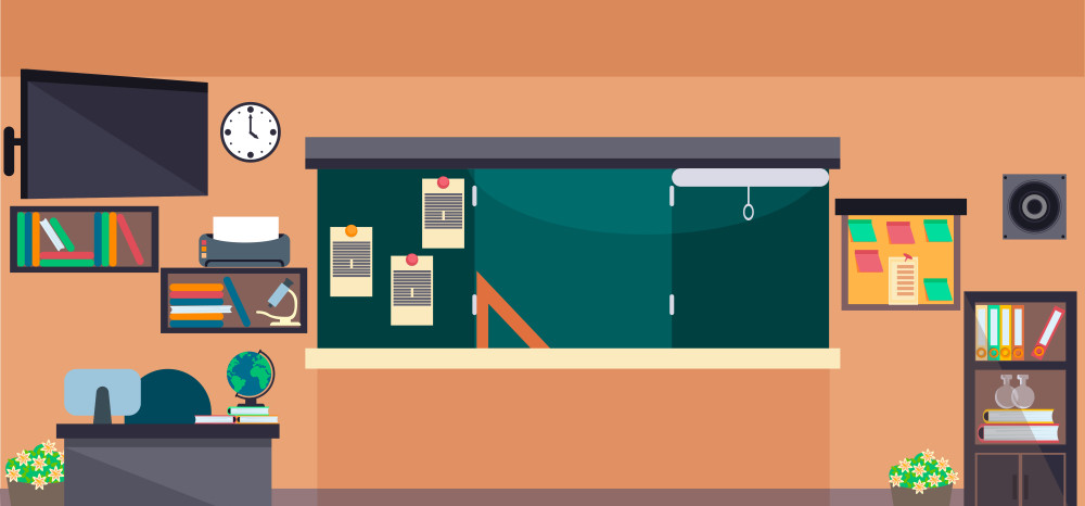 vector classroom interior at the school, university, institute, college. educational concept, blackboard, desks, office supplies. training room illustration. lesson for teaching and learning.