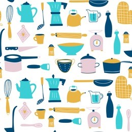 hand drawn kitchenware. colored vector seamless pattern