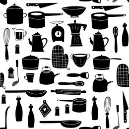 hand drawn kitchenware. graphic vector seamless pattern