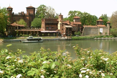 turin, piedmont, italy. the reconstruction of the medieval castle in the park of valentino.