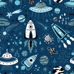 space background for kids. vector seamless pattern with cartoon rockets, planets, stars, comets and ufos.
