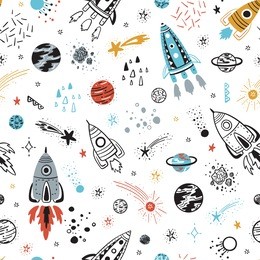 space background for kids. vector seamless pattern with cartoon rockets, planets, stars and comets.