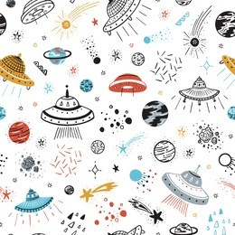 space background for kids. vector seamless pattern with cartoon ufos, planets, stars and comets.