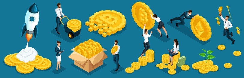 isometric icons investors, speculators with ico blockchain concept, safe bitcoin, cryptocurrency mining, startup project. horizontal banner vector illustration