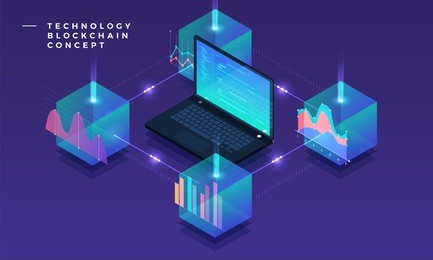 flat design concept blockchain and cryptocurrency technology. composition for layout design website banner. isometric vector illustration.