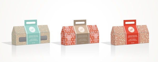 three dimensional packaging design illustration template candy house box with window handle wrap presents holidays festive modern scandinavian design easter christmas cute chocolate