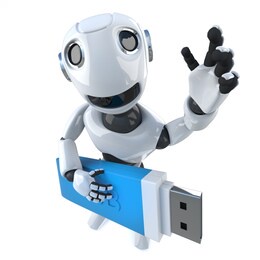 3d render of a funny cartoon robot character holding a usb thumb drive