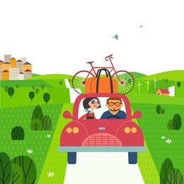 travelling by car concept. young happy travellers take a trip outside city to nature. family couple enjoy the journey. summer vacation touring by auto. cute cartoon. colorful humor vector illustration
