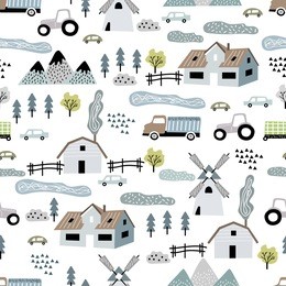 seamless vector pattern with houses, mountains, cars and other elements on a white background.