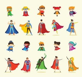 vector illustrations in flat design of female, male and children superheroes in funny comics costume