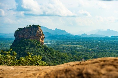 spectacular view of the lion rock surrounded by green rich vegetation. picture taken from pidurangala rock in sigiriya, sri lanka.