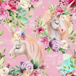 beautiful watercolor unicorns princess, pegasus with violet and cream peony, pink roses, magic crystals and floral, flowers bouquets on pink background with glitter seamless pattern