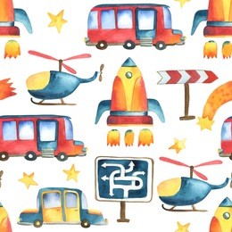 watercolor illustration. seamless pattern of yellow-blue car, red bus, rocket, stars, helicopter and road signs isolated on white background