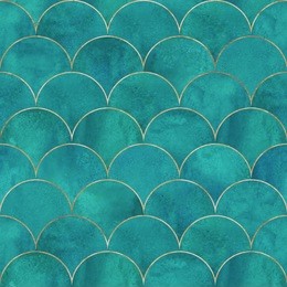 mermaid fish scale wave japanese luxury seamless pattern. watercolor hand drawn dark teal turquoise background with gold line. watercolour scale shaped texture. print for textile, wallpaper, wrapping