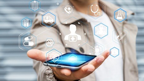 businessman on blurred background using modern medical interface 3d rendering