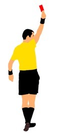 soccer referee shows red card vector illustration isolated. football judge red card full length portrait. football referee showing red card penalty. arbiter punish soccer player. justice concept.