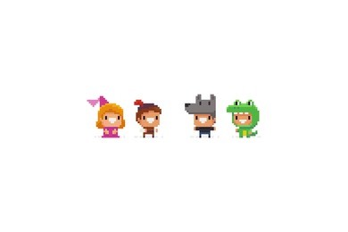 pixel art funky fantasy game characters in halloween suits. princess and her savior, wolf, dragon.