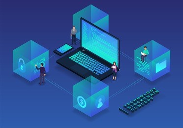 flat design concept blockchain and cryptocurrency technology. composition for layout design website banner. isometric vector illustration.
