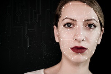 biometric verification of a young woman with face tracking technology.