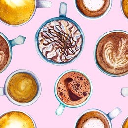 watercolor coffee cup seamless pattern. hand drawn types of coffee repeating, pink background. tasty cappuccino cups, aromatic espresso, frappe, latte macchiato, turkish coffee watercolor, top view.
