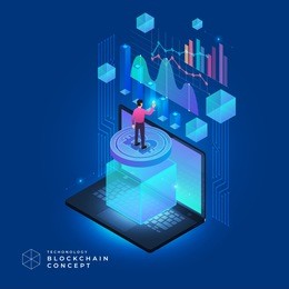 flat design concept blockchain and cryptocurrency technology. composition for layout design website banner. isometric vector illustration.