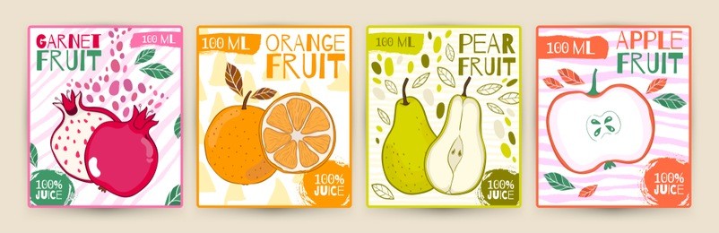 set vector juice label fruit. apple,garnet, pear, orange. hand draw illustration. food design for package. colorful