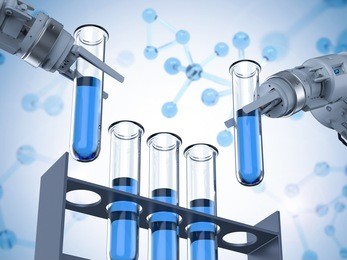 3d rendering two robotic hands working on test tubes 